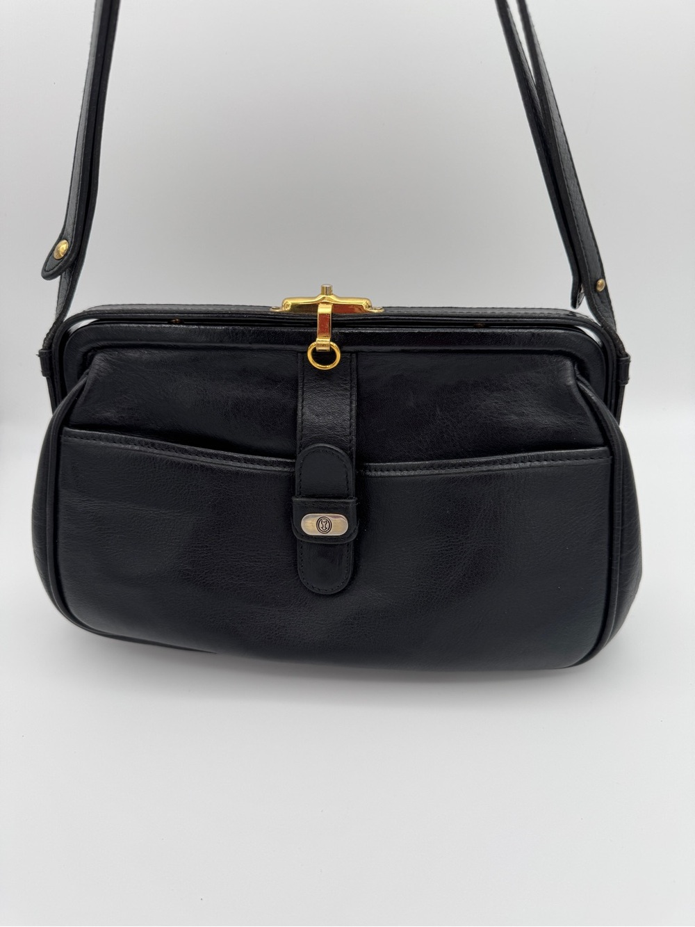 Gold-Pfeil Vintage Black Leather Doctor Style Frame Shoulder Bag Made in Germany